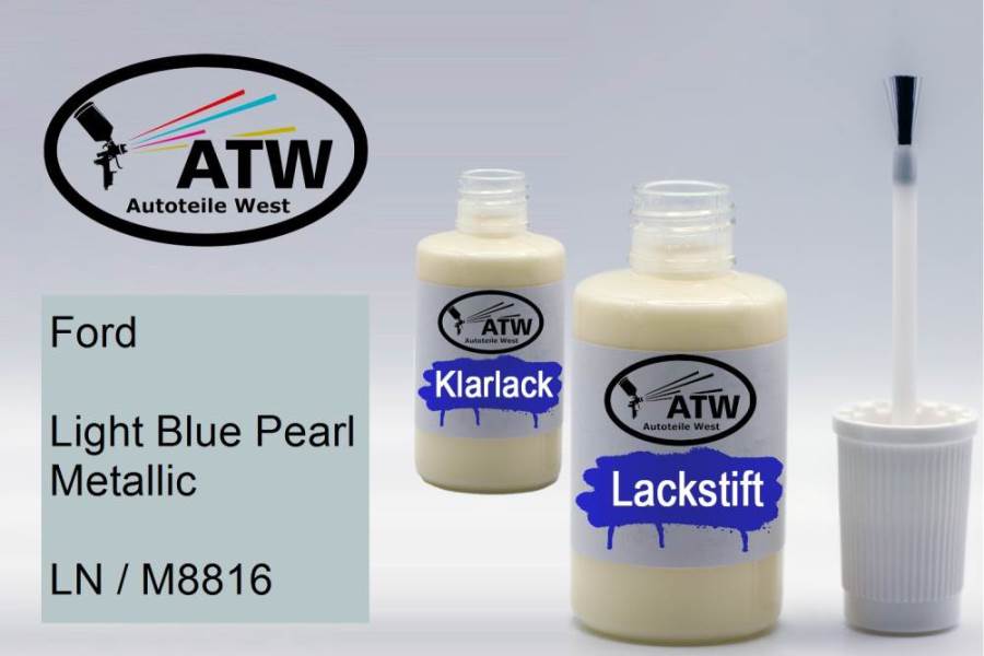 Ford, Light Blue Pearl Metallic, LN / M8816: 20ml Lackstift + 20ml Klarlack - Set, von ATW Autoteile West.